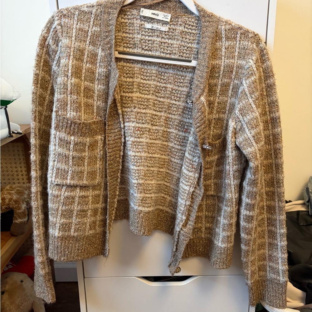 Mango Beige Plaid Open-Front Cardigan